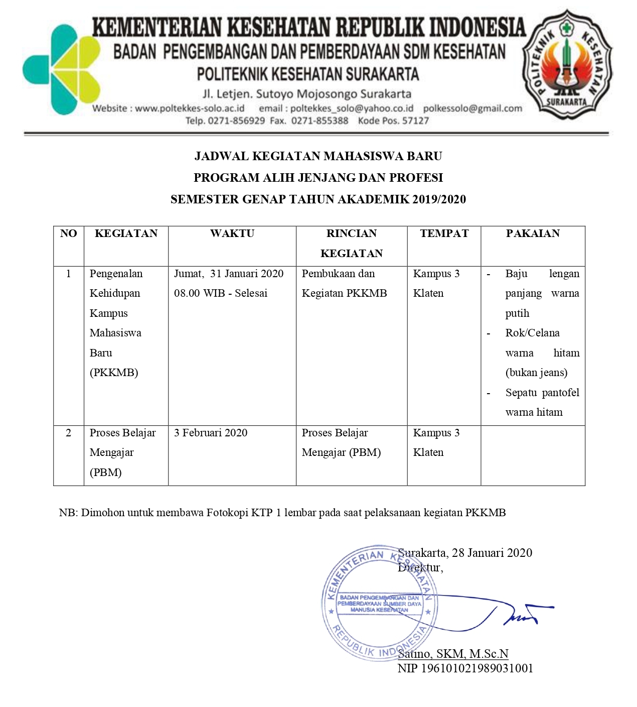 PENGUMUMAN KEGIATAN MAHASISWA BARU SEMESTER GENAP TAHUN AKADEMIK 2019/2020